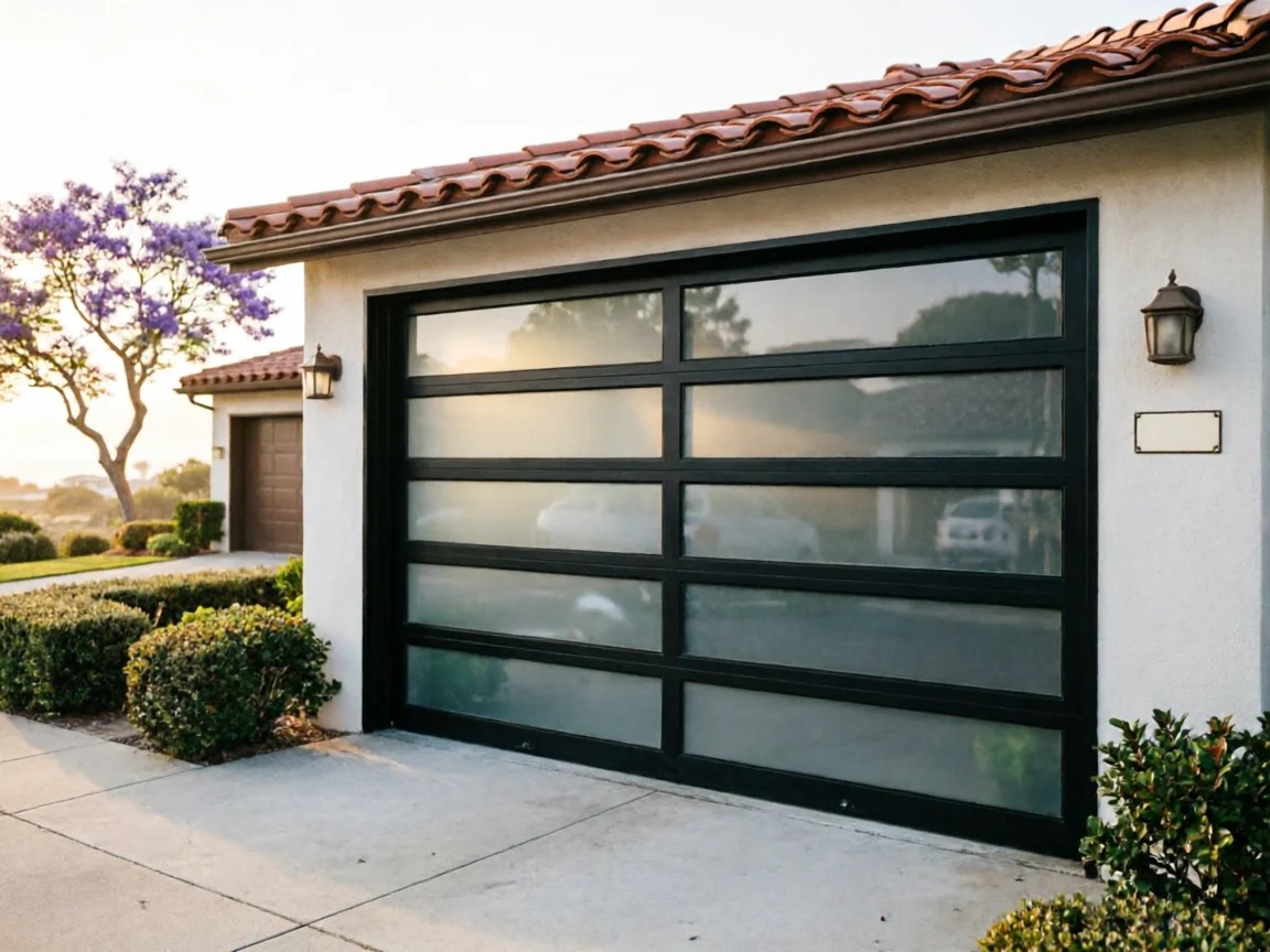 A modern black garage door with frosted glass panels is on a white house.