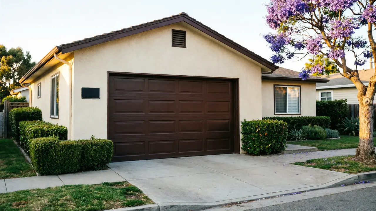 The house has a brown garage door and a purple flowering tree in the foreground.