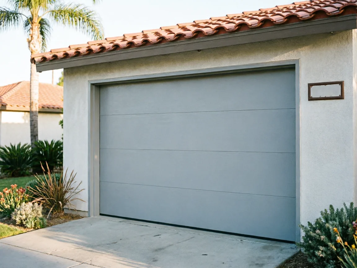 The garage door is light gray with horizontal panels on a white house.