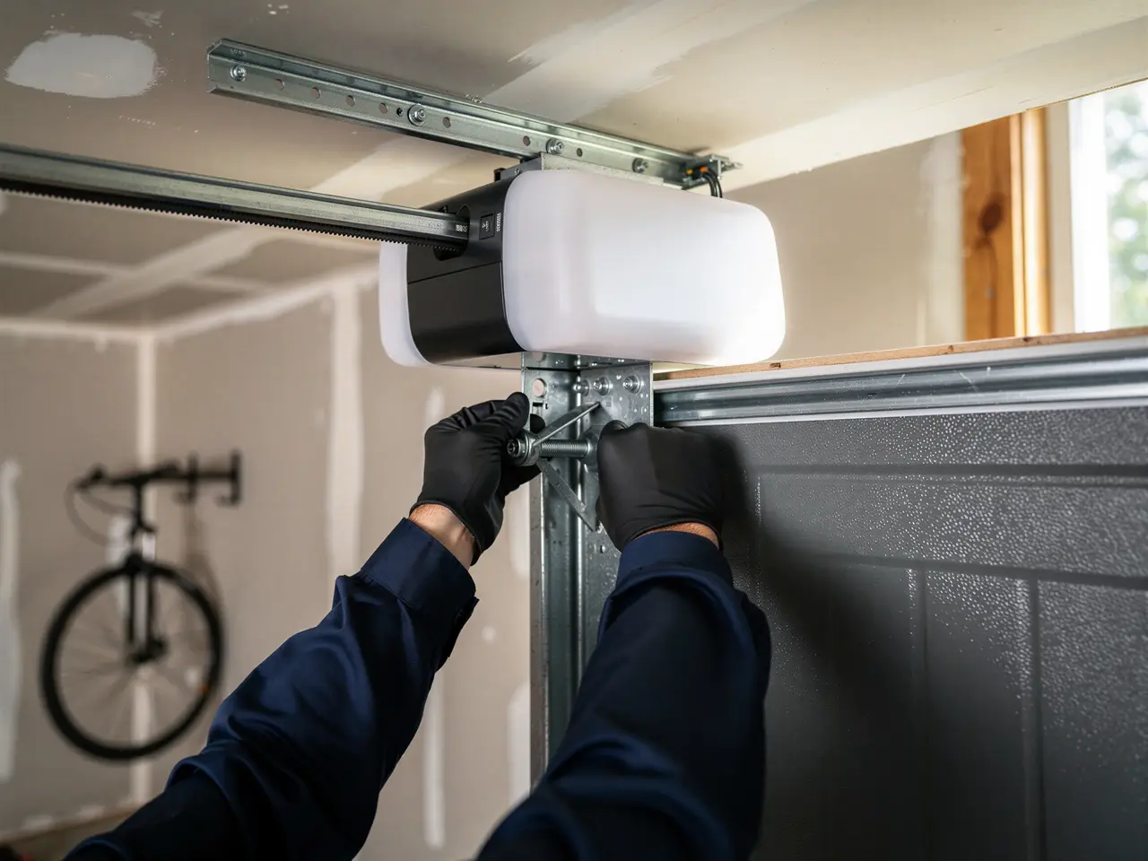 A technician in black gloves adjusts a garage door opener.