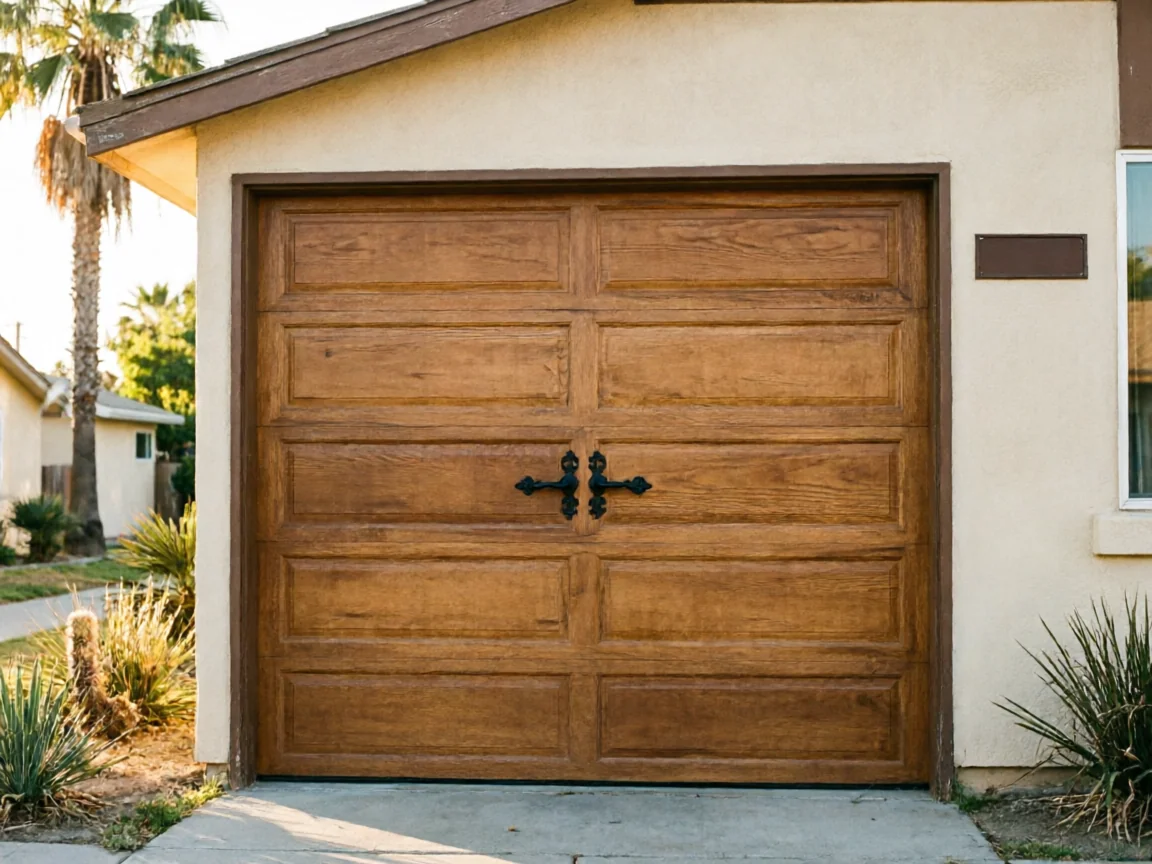 A brown wooden garage door with decorative black handles is on a stucco house.